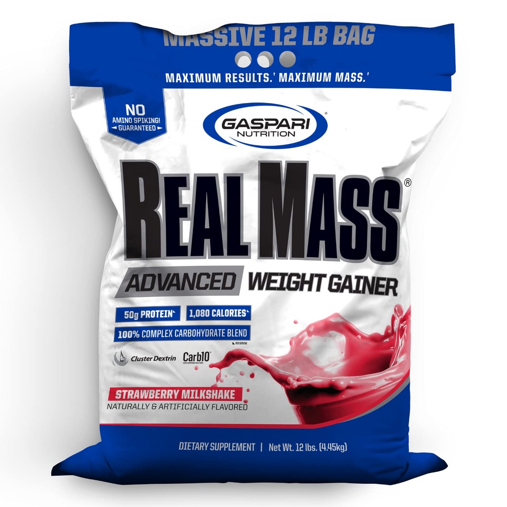 Gaspari Nutrition Real Mass: Advanced Weight Gainer, Protein och Complex Carb Blend, 50g Protein, 16g EAAs, Gluten-Free, 12 lbs (Strawberry Milkshake)