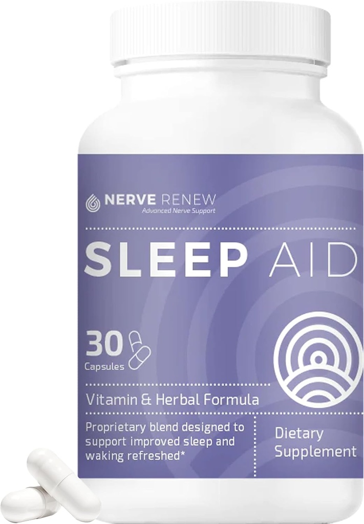 NERVE RENEW Sleep Aid - Kosttillskott för bättre sömn - 30 kapslar - Fungerar snabbt - Gentle All-Natural Herbal och Vitamin Formel med Melatonin, Magnesium, Zink, Aminosyror, Herb Extracts