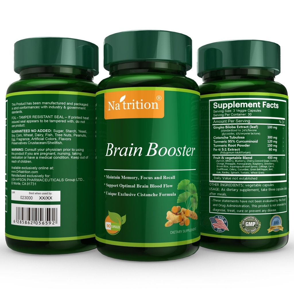 Natrition Brain Booster - Ginkgo Biloba, gurkmeja, Cistanche Tubulosa, Fo-ti Extract Blend - Naturligt antioxidantstöd för hjärnfunktion - Clarity, Focus och Memory Enhance - 90 Veggie Capsules