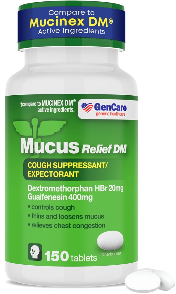 GenCare - Mucus Relief DM (150 Count Value Bottle) Dextrometorphan HBr 20mg Guaifenesin 400mg | Generisk Mucus Relief DM | Omedelbar Release Uncoated Cough & Mucus Expectorant Pill