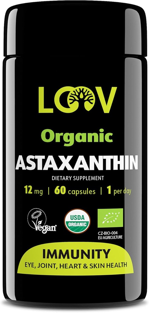LOOV Natural Organic Astaxanthin 12mg - 60-Day Supply - Max Strength Antioxidant - Eye, Joint, Skin, Immunity - från Microalgae - Non-GMO, Vegan, Hållbar