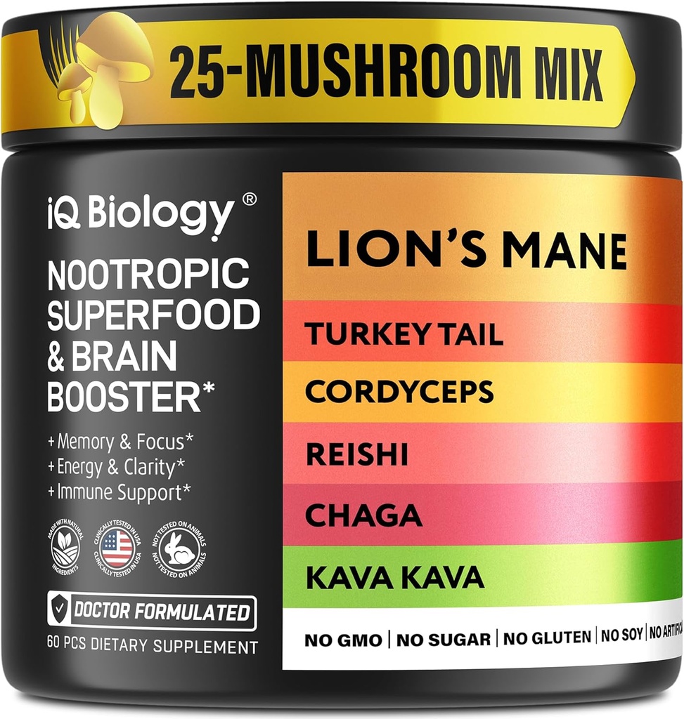 Kava Kava Root Cordyceps Lions Mane Reishi Mushroom Supplement, Nootropic Mushrooms Capsules Kava Kava Extract, Mushroom Vitamins for Women, Ashwagandha, Magnesium - 60 Caps (1 Pack)