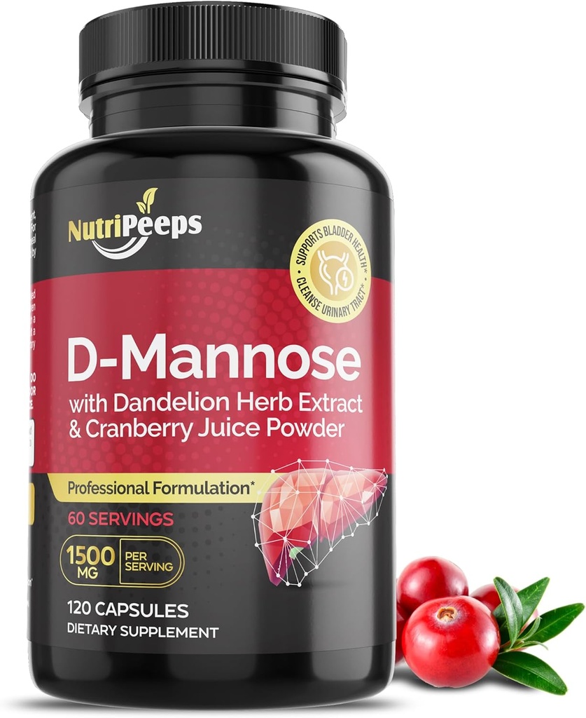 D-Mannose 1500mg, 120 Capsules with Dandelion Herb and Cranberry Extracts, Natural Urinary Tract Cleanse for UTI Support, Flushing and Detoxing of Impurities, for Men and Women.
