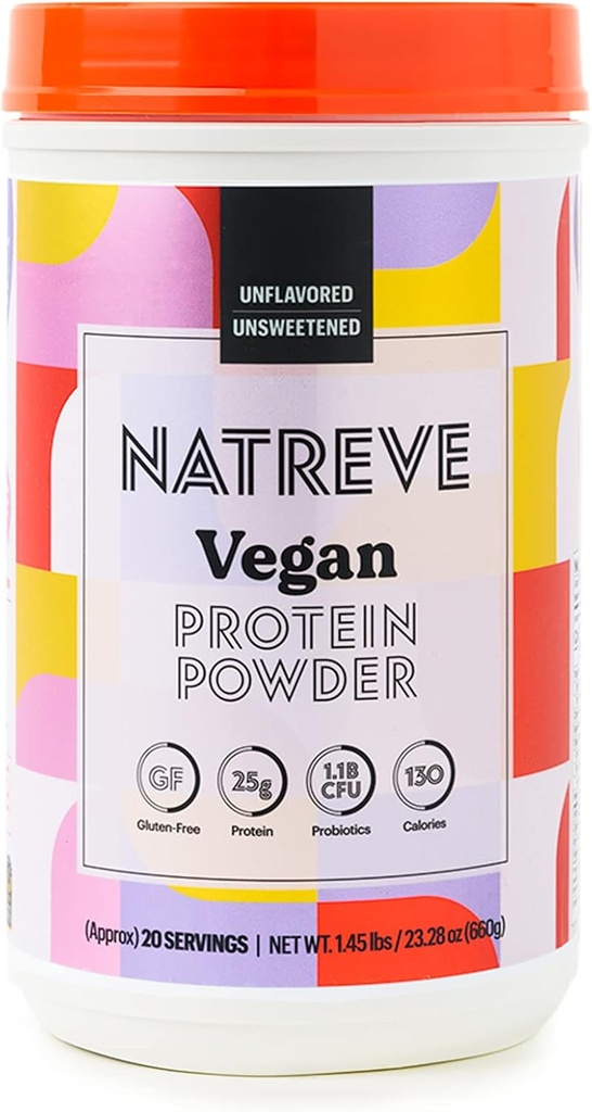 Natreve Vegan Proteinpulver - 25g Plant Based Proteinpulver med probiotika och aminosyror - Gluten Free & Unflavored, 20 portioner