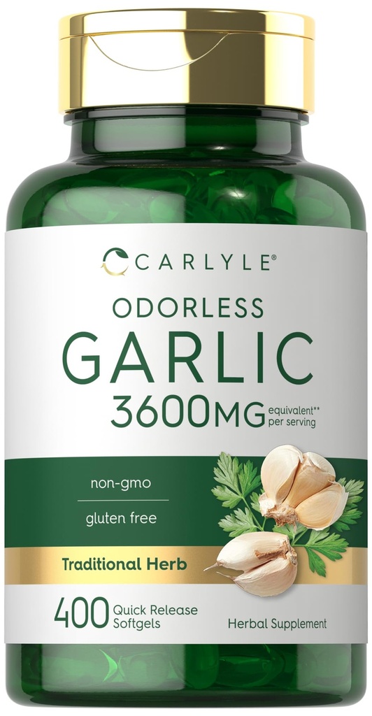 Carlyle Odorless Garlic Softgels 3600 mg | 400 greve | Allium Sativum Bulb | Non GMO, Gluten Free Supplement