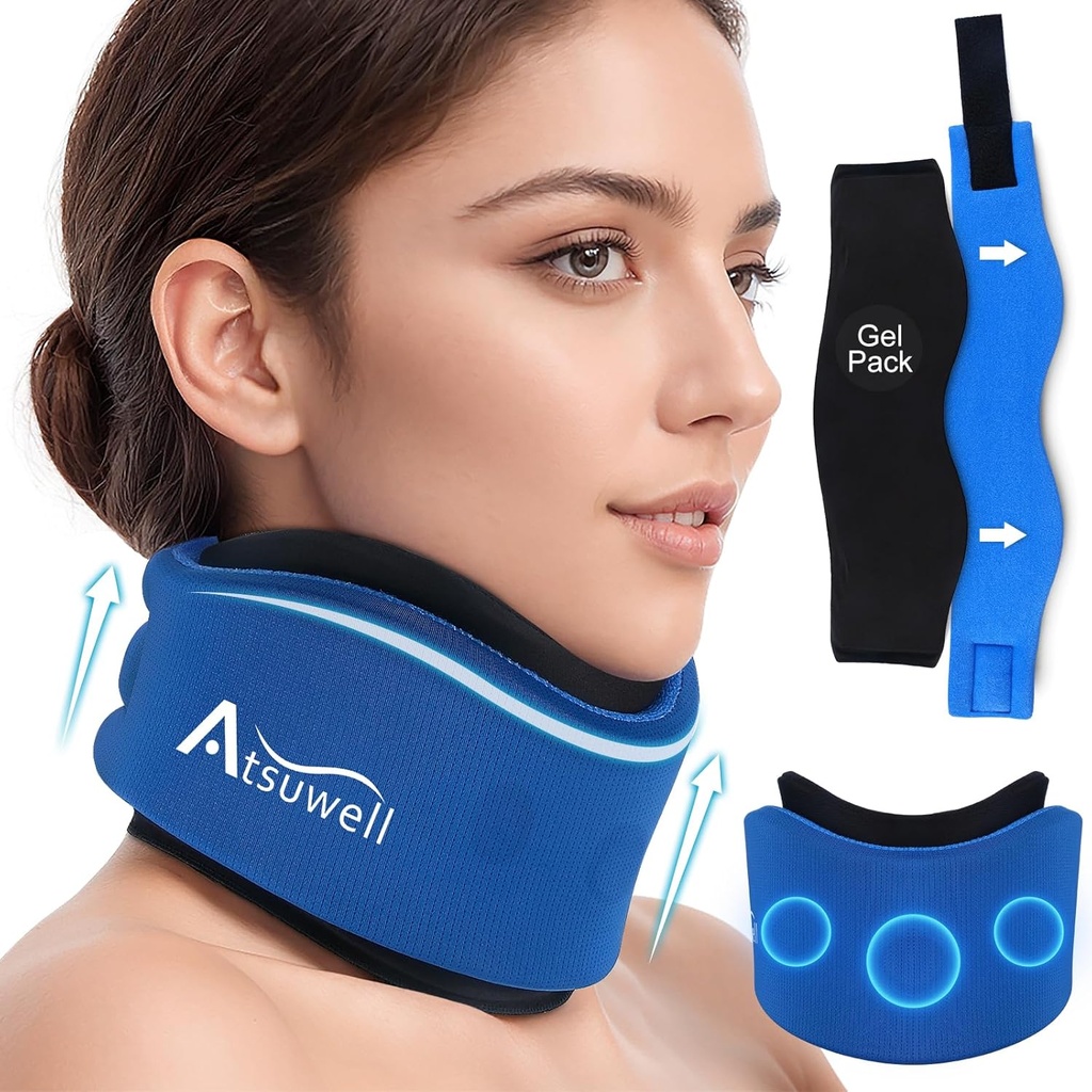 Atsuwell Neck Brace för Sleeping, Soft Cervical Collar for Support, Justerbar Neck Support Brace med Hot Cold Gel Packs Återanvändbar för Office Pressure, Trötthet, Blå
