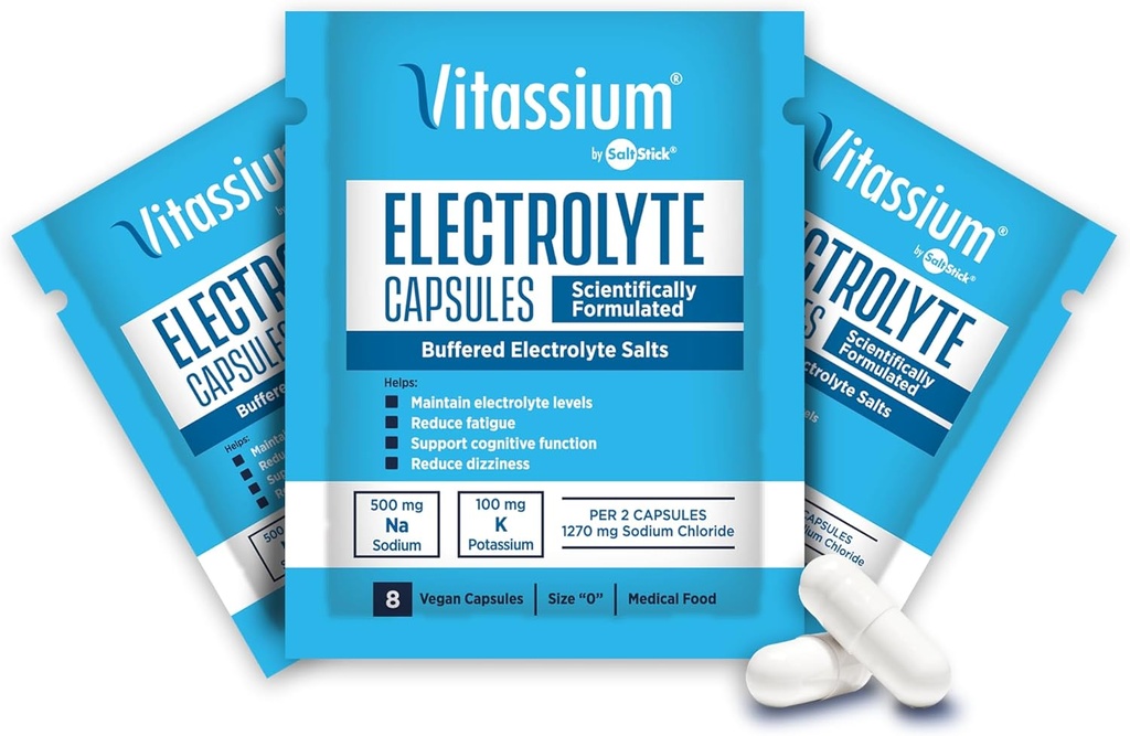 Vitassium Capsules, Electrolytes för Dietary Management of POTS Syndrome Symptom (500mg Natrium - 100mg Kalium), 240 Buffered Salt Capsules
