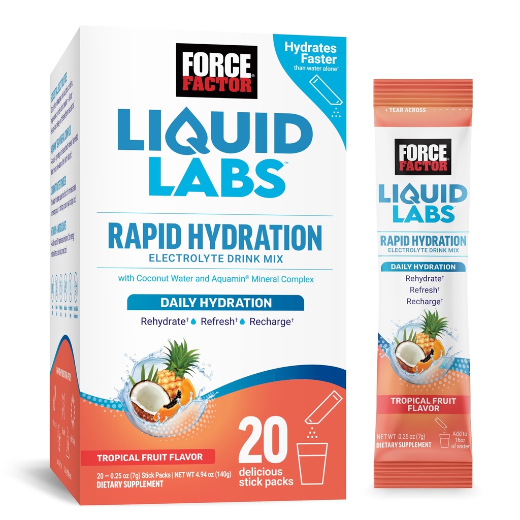 FORCE FACTOR Liquid Labs Electrolytes Powder Packets-Tropical Fruit-Hydration Packets för att göra elektrolytvatten, med 5 Essential Electrolytes, vitaminer, mineraler och antioxidanter, 20 Stick Packs