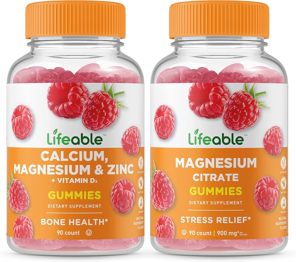 Livlig kalcium, Magnesium, Zink & Vitamin D + Magnesium, Gummies Bundle - Stor smak, vitamintillskott, Gluten Free, GMO Free, Chewable Gummy