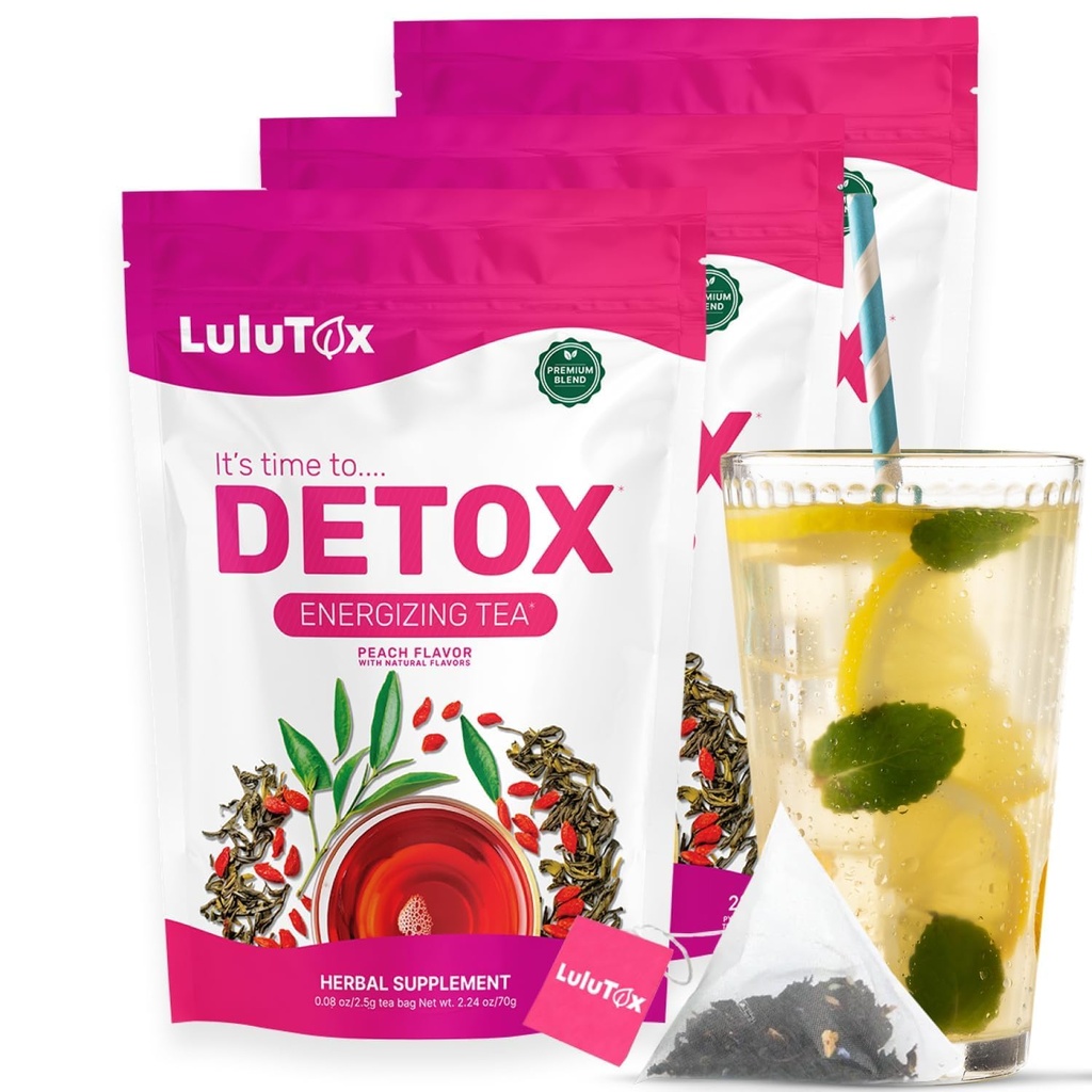LULUTOX Detox Tea - Herbal Blend med Dandelion, Ginseng och Ginger - Stöder en hälsosam vikt, Digestive Health - Vegan, All Natural, Laxative-Free - Peach Flavor (3 Pack x 28 portioner)