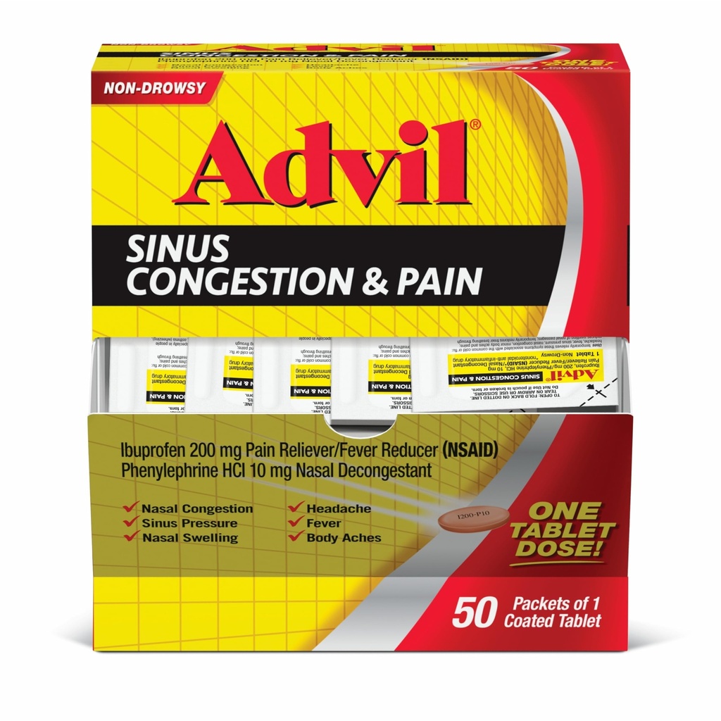 Advil Sinus Congestion and Pain, Sinus Relief Medicine, Pain Reliever and Fever Reducer with Ibuprofen and Phenylephrine HCl - 50 Coated Tablets