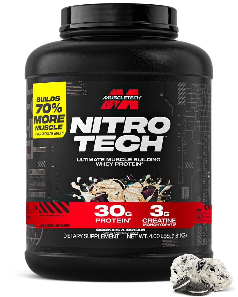 Muscletech Whey Protein Powder (Cookies & Cream, 4 Pound) - Nitro-Tech Ultimate Muscle Building Formel med Whey Protein Isolate - 30g Protein, 3g Kreatin & 6,8 g BCAA - Förpackning kan variera