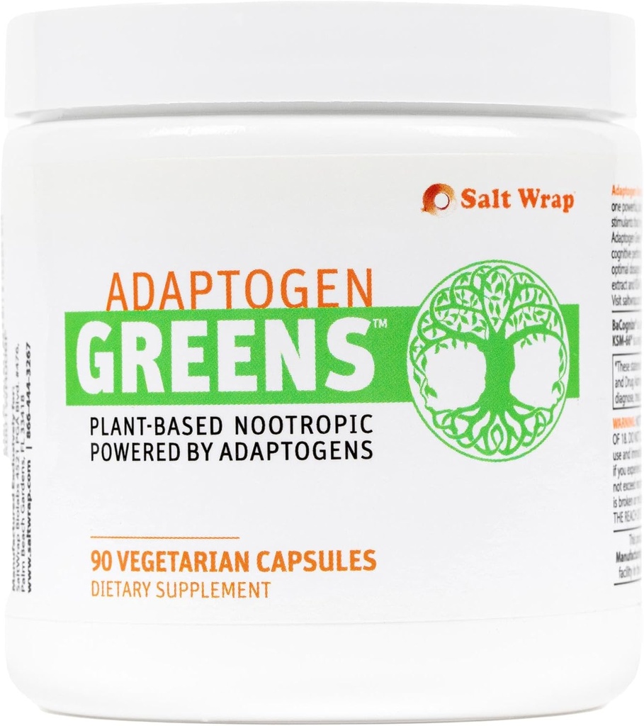 SaltWrap Adaptogen Greens - Mind-Body Resilience Formel - Koffeinfri Nootropic för stress, fokus och kognitiv prestanda - 90 kapslar