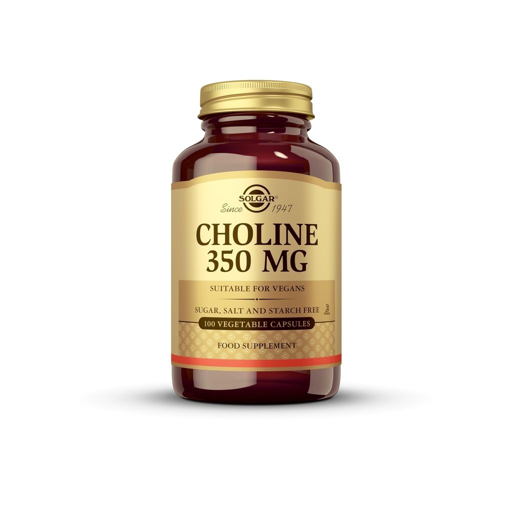 Solgar Choline 350 mg - 100 vegetabiliska kapslar, paket med 2 - icke-GMO, Vegan, Kosher - 200 totala portioner