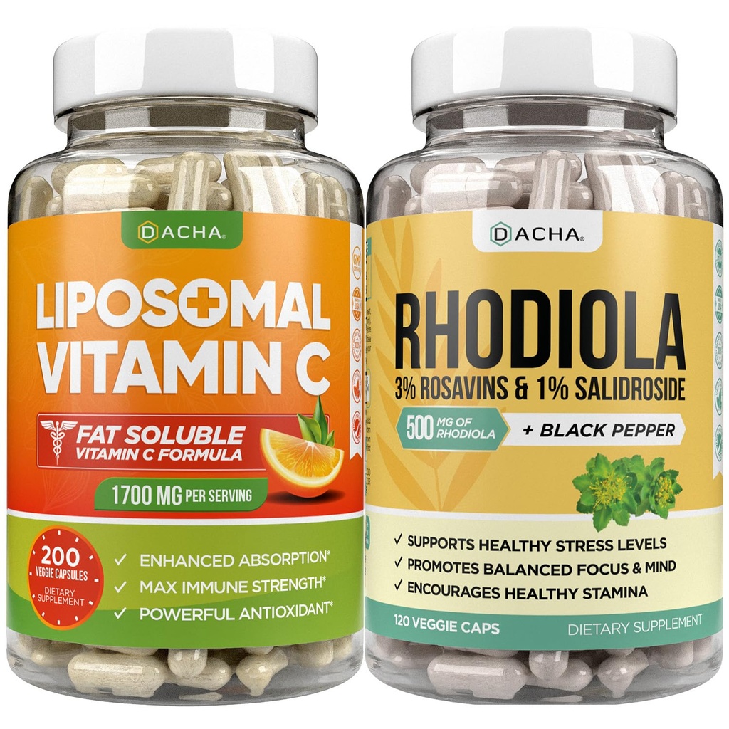 DACHA Premium Immune & Focus Enhancement Bundle - Liposomal Vitamin C and Rhodiola, for Ultimate Mood, Immune, Mind Health Support, Ultra Absorb Combo with Potent Ascorbyl Palmitate & Bioperine