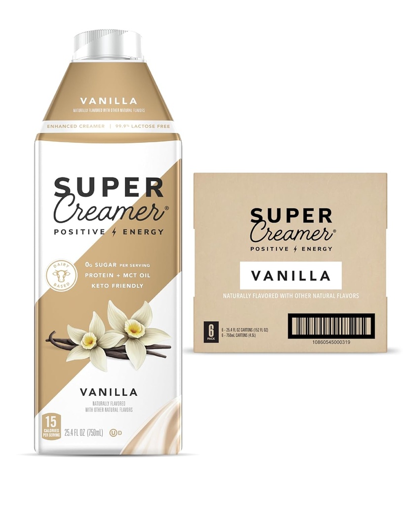 SUPER COFFEEE Creamer | SugarFree | 25.4 Fl Oz, Pack på 6 | Keto Coffee Creamer | 0g Sugar, 1g Protein, 15 kalorier | Vanilla