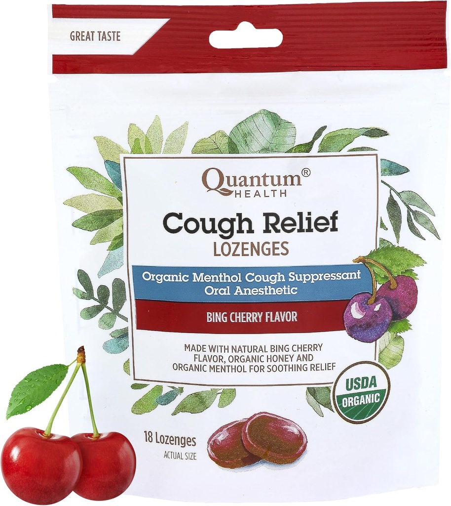 Quantum Health USDA Organic Cough Drops Menthol & Honey Throat Lozenges - Soothing Bing Cherry Suppressant - Torr mun och öm Throat Relief för vuxna och barn - 18 greve