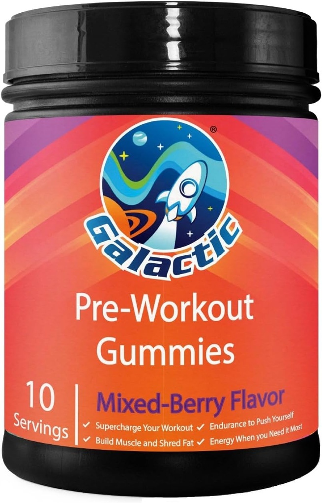 Galaktiska Pre-Workout Gummies, All Natural, 250mg Koffein, Beta-Alanin, L-Citrulline, L-Theanin, Chromium Picolinate, 10 portioner
