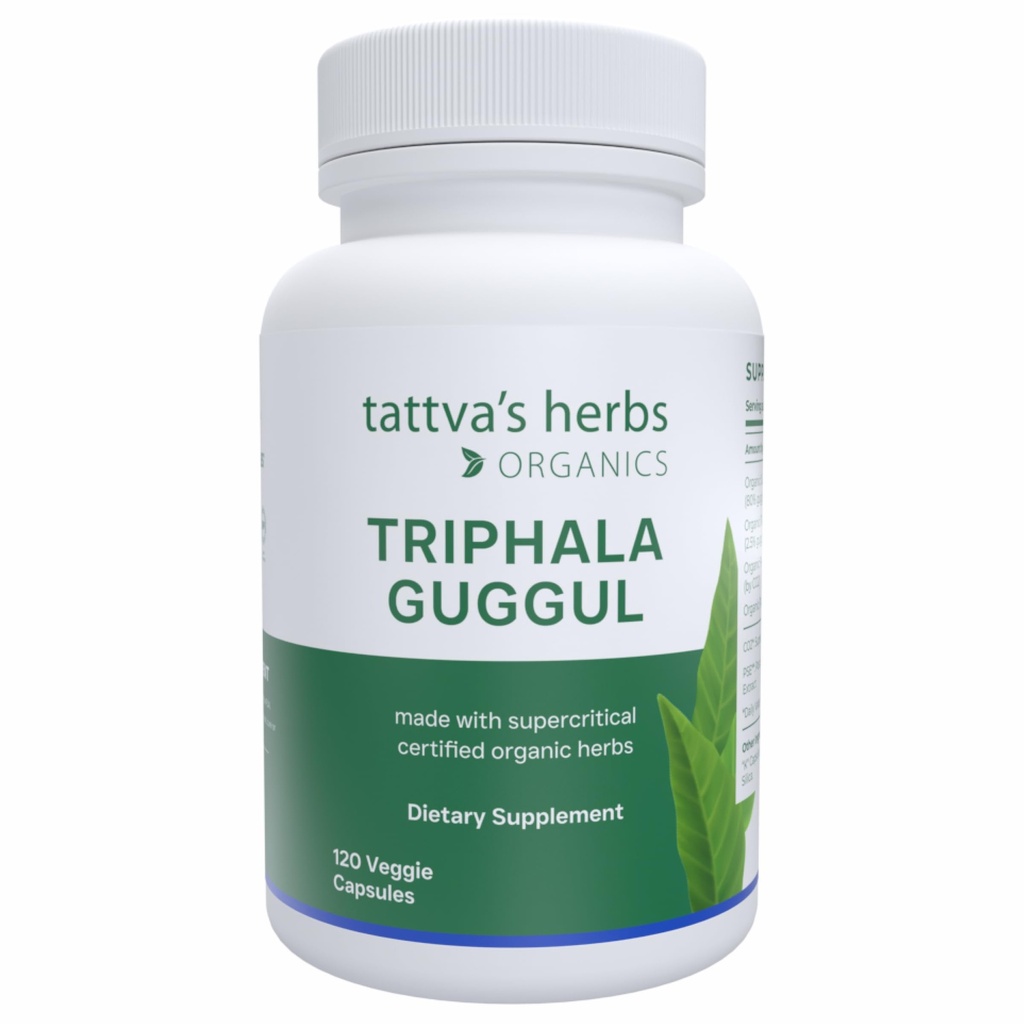 Tattvas Herbs Triphala Guggul Herbal Supplement, Ayurveda Herbal Supplements, Digestive Health and Support, Organic Triphala Capsules, 120 Count, 25 Years of Premium Service