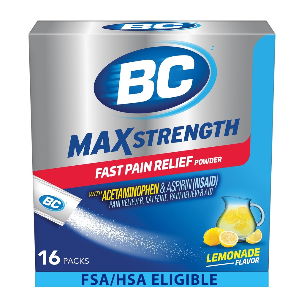 BC MAX Styrka snabb smärtlindring pulver, Lemonade smak Aspirin 500mg och Acetaminophen 500mg lösa paket, 16 greve