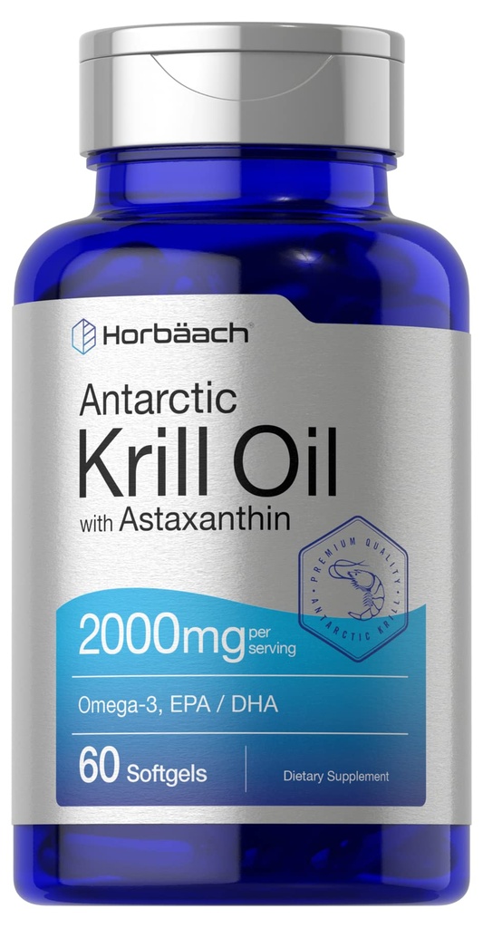 Horbäach Antarctic Krill Oil 2000mg | 60 Softgel Capsules | Omega-3, EPA, DHA Supplement | med Astaxanthin | Non-GMO, Gluten Free