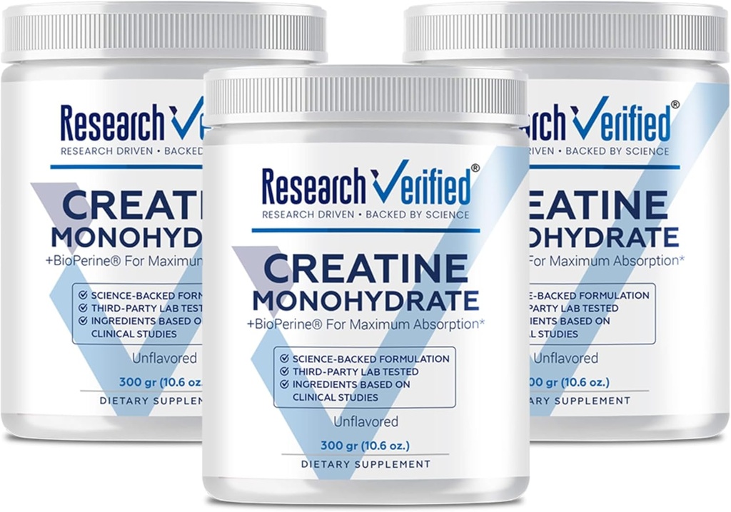 Forskning Verifierad Kreatinmonohydrat - Stöd Optimal Muskeltillväxt, Förbättringsprestanda - 5000mg Kreatinmonohydrat - BioPerine - 180 portioner - Osmakad - Vegan