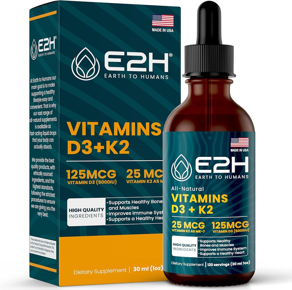 E2H Vitamins D3 & K2 Supplement för Immune Support - Liquid Vitamin D3 5000 IE - Tillverkad i USA - Icke-GMO, Vegan - 120 portioner
