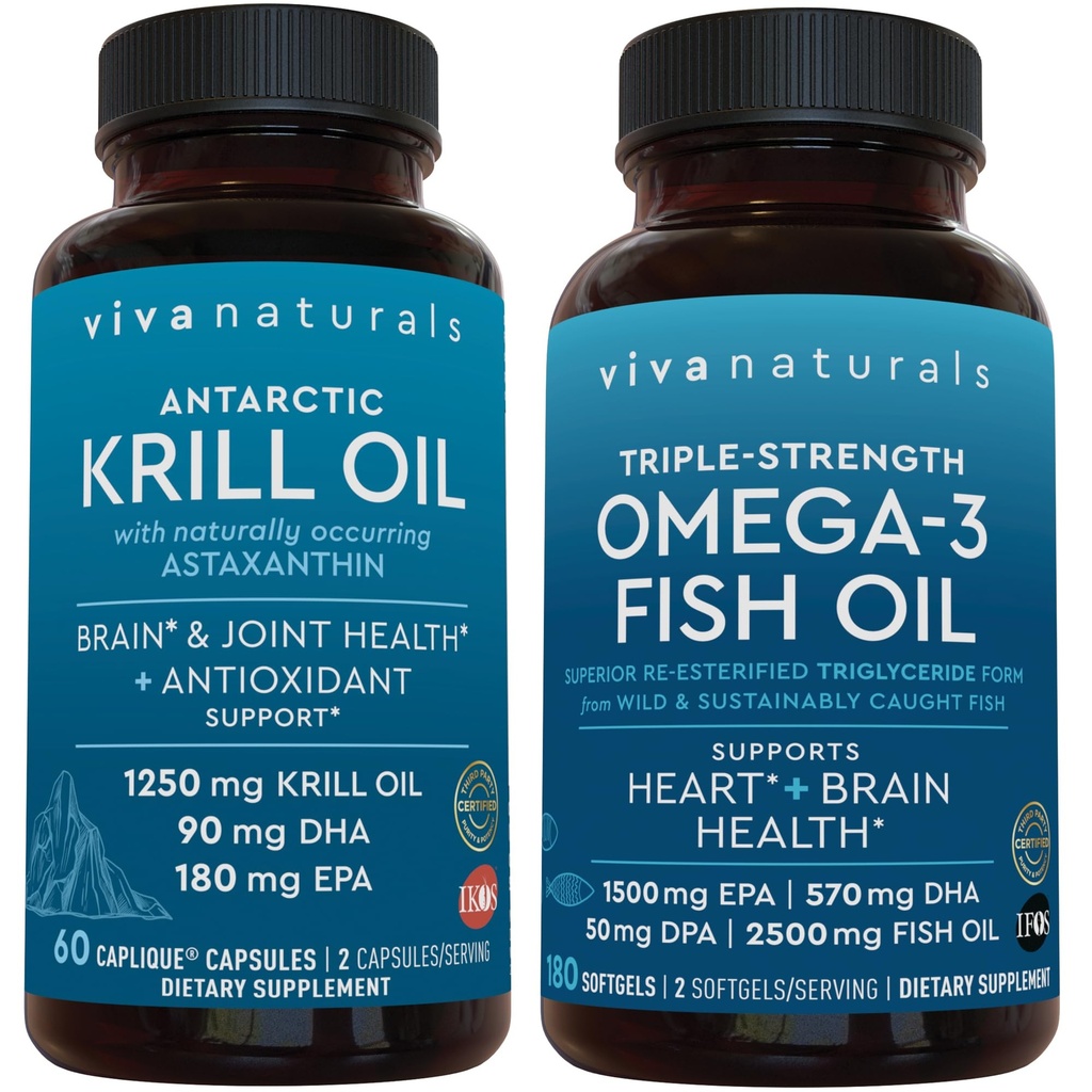 Antarctic Krill Oil och Triple-Strength Omega 3 Fish Oil Bundle, 1250 mg Krill Oil & 2 200 mg Fish Oil Per Serving Tillhandahåller Omega 3 EPA och DHA
