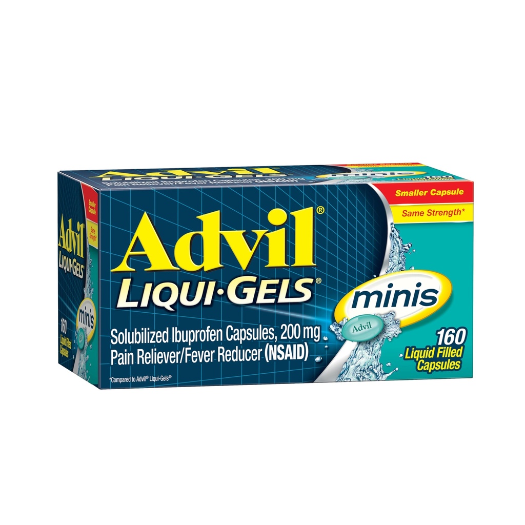 Advil Liqui-Gels Minis Pain Reliever och Fever Reducer, smärtmedicin för vuxna med Ibuprofen 200mg för smärtlindring - 160 flytande fyllda kapslar