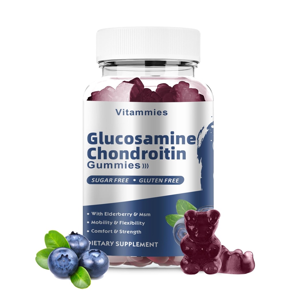 Glukosamin Chondroitin Gummies med MSM & Elderberry Extra Strength - Gemensamt stöd, Antioxidant Immune Support Supplement för vuxna, Män & Kvinnor Mineraler, coenzym Q10, DHA- 60 Blueberry Gummies