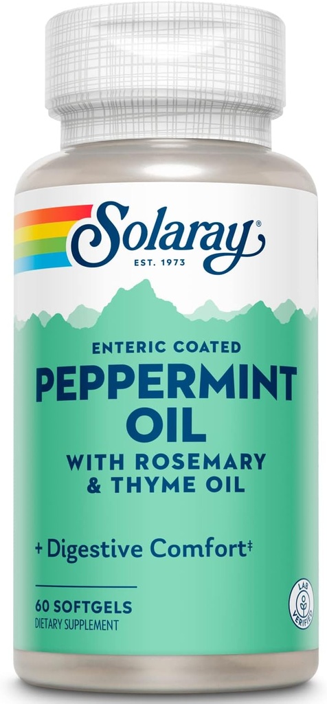 Solaray Peppermint Oil Enteric Coated w / Rosemary & Thyme Oil | Hälsosam Digestion Support | 60 Softgels