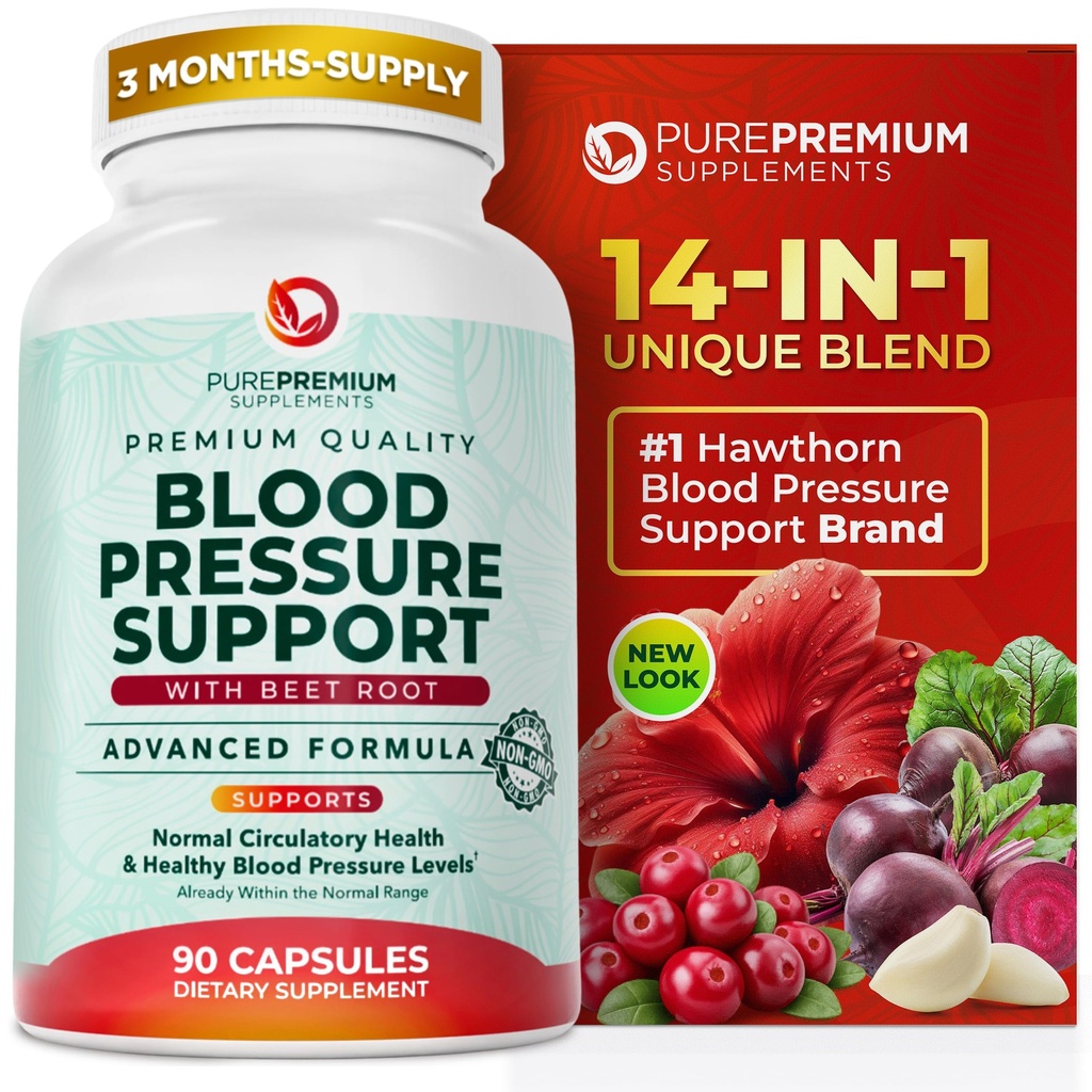 PurePremium Beet Root Capsules for Blood Pressure Support - 700mg Advanced Formel med Beetroot Powder, Hawthorn, Hibiscus & Garlic för Normal Nitric Oxide Production & Heart Health - Non-GMO - 90ct