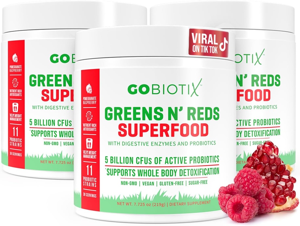 GOBIOTIX Super Greens and Reds Powder - Red and Green Superfood - Probiotic Supplement - Digestive Enzymes and Beet Root Powder - Organic Whole Foods Dietary Supplement (Pom Raspberry, 3 Pack)