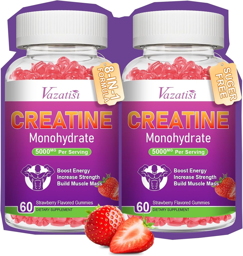 2 Pack Creatine Monohydrate Gummies for Women & Men, Sugar Free Vegan Creatine Supplement for Build Muscles, Increase Energy & Strength, Natural Strawberry Flavor, 120 Count