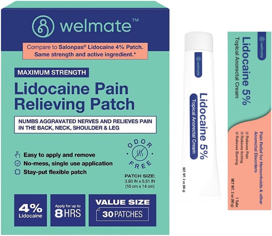 WELMATE Ultimate Pain Relief Duo: 4% Lidocaine Numbing Patch (30 Ct) & 5% Lidocaine Cream (2 Oz) | Maximal styrka Topical Analgesic Kit