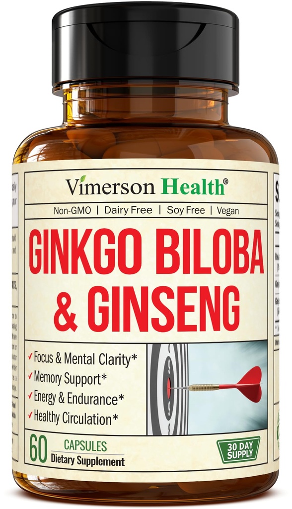 Asiatiska Ginseng och Ginkgo Biloba Supplements - Panax Ginseng Extract 700mg + Ginko Biloba 720mg - Nootropic Brain Supplement för minne, fokus och hållbar energi - 60 Easy-to-Swallow Capsules