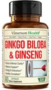 Asiatiska Ginseng och Ginkgo Biloba Supplements - Panax Ginseng Extract 700mg + Ginko Biloba 720mg - Nootropic Brain Supplement för minne, fokus och hållbar energi - 60 Easy-to-Swallow Capsules