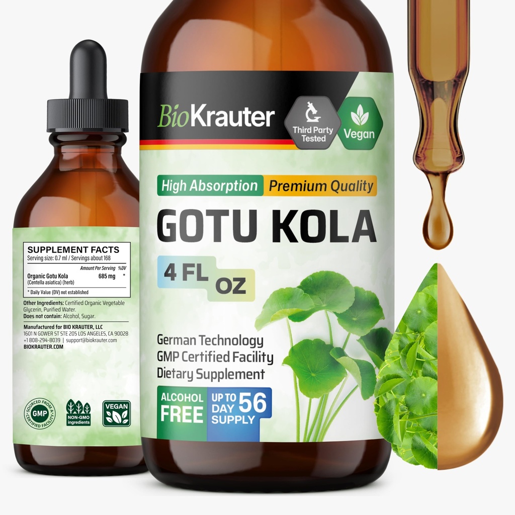 BIO KRAUTER Gotu Kola Tincture - Centella Asiatica Extract - Alkohol och Sugar Free Gotu Kola Extract - Vegan Drops 4 Fl.Oz.