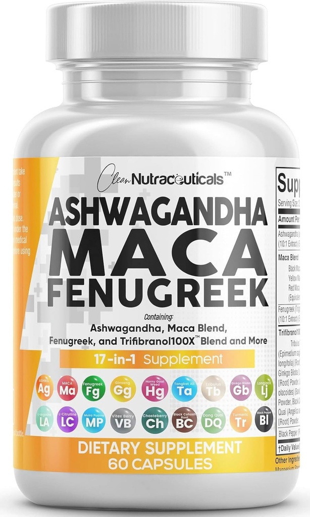 Clean Nutraceuticals Ashwagandha Maca Root Fenugreek Supplement med Tongkat Ali Ginseng - Assister med stress, humör och sköldkörtel - Ashwagandha Capsules Fenugreek Caps - 1 Pack