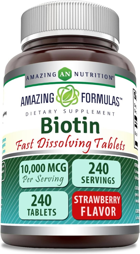 Fantastiska Formel Biotin 10 000 Mcg | Snabbupplösta tabletter | Icke-GMO | Glutenfri tillägg | Tillverkad i USA (Strawberry | 240 greve)