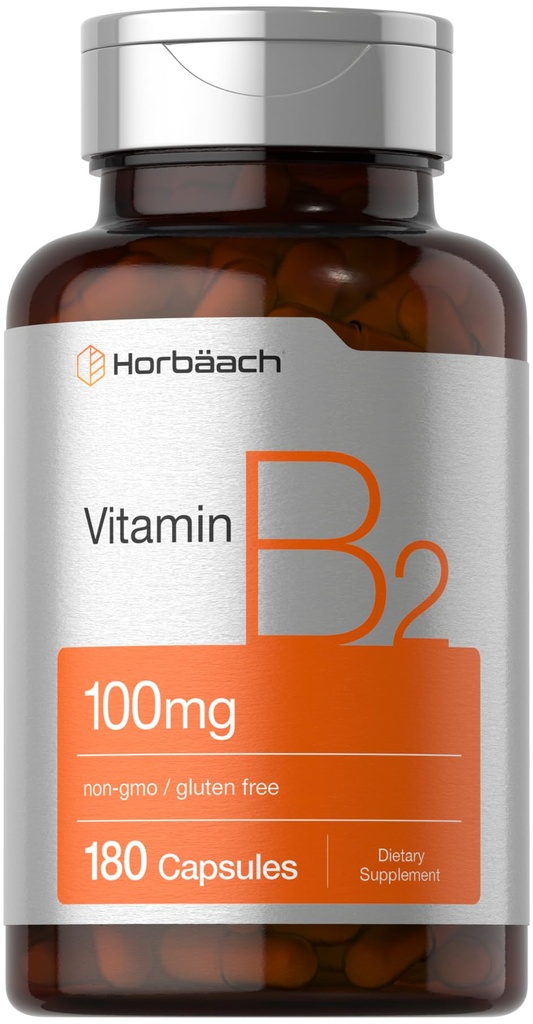 Horbäach Vitamin B2 100mg | 180 kapslar | Riboflavin Supplement | Non-GMO & Gluten Free