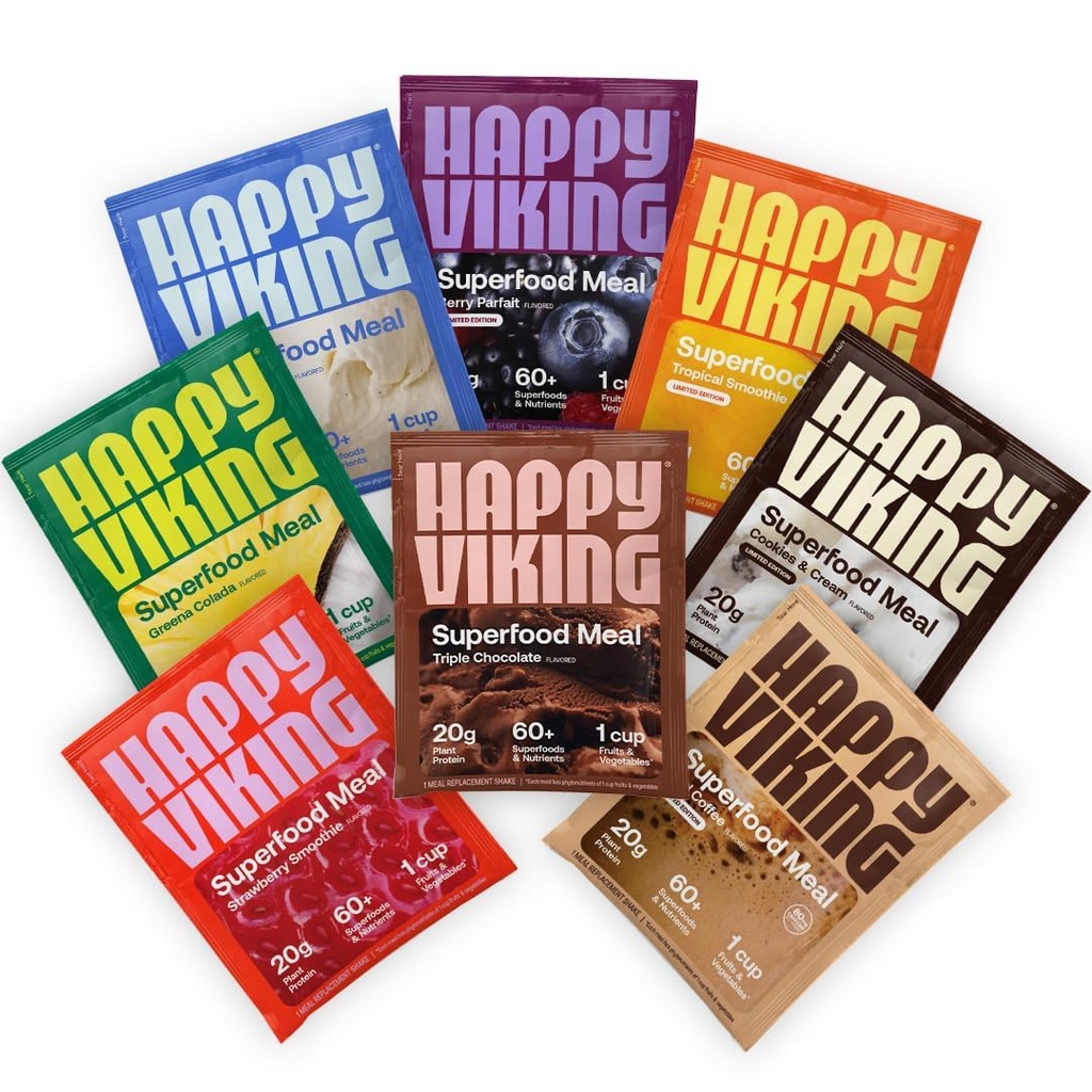 Happy Viking Variety Pack Plant Protein Powder, skapad av Venus Williams, 20G Protein, Low Carb, Keto, Vegan, Gluten-Free, Non-GMO, Superfoods, Full Meal Replacement, 8 Single Serve Packs