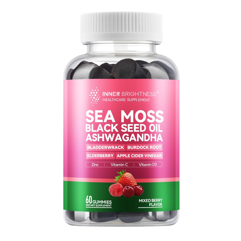 Sea Moss 4000mg Gummies med Ashwagandha, Elderberry, Apple Cider Vinegar, Bladderwrack, Burdock Root - Immune Support - Mixed Berry Flavor - 60 Count
