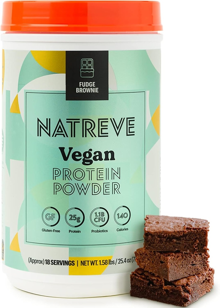 Natreve Vegan Proteinpulver - 25g Plant Based Proteinpulver med probiotika och aminosyror - Gluten Free Fudge Brownie, 18 portioner