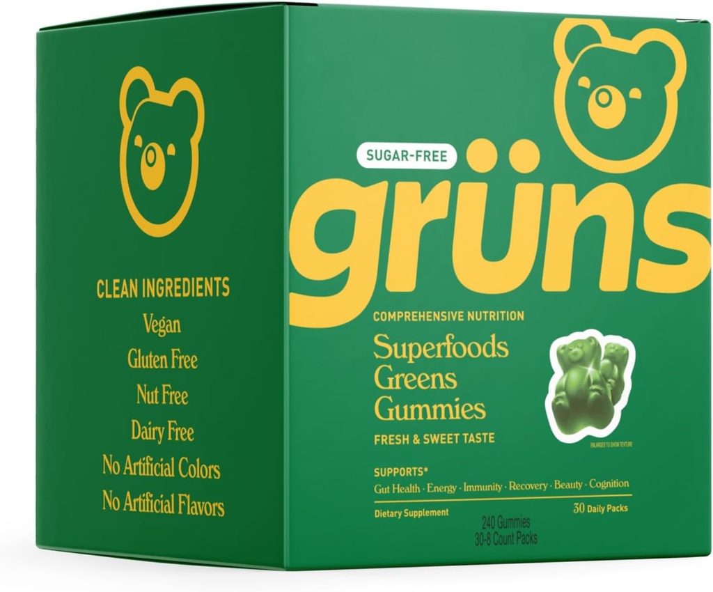 Gruns Sugar Free Super Greens Gummy Bears - Organisk Spirulina och Chlorella, Prebiotika för Digestive Health, 20 + Vitaminer och mineraler, Adaptogener - 30 påsar - 240 Gummies