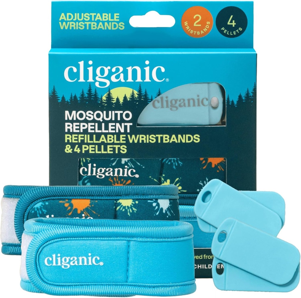 Cliganic Mosquito Repellent Pack (2 armband + 4 Refill Pellets) - Justerbar, naturlig DEET-Free, Essential Oil Infused