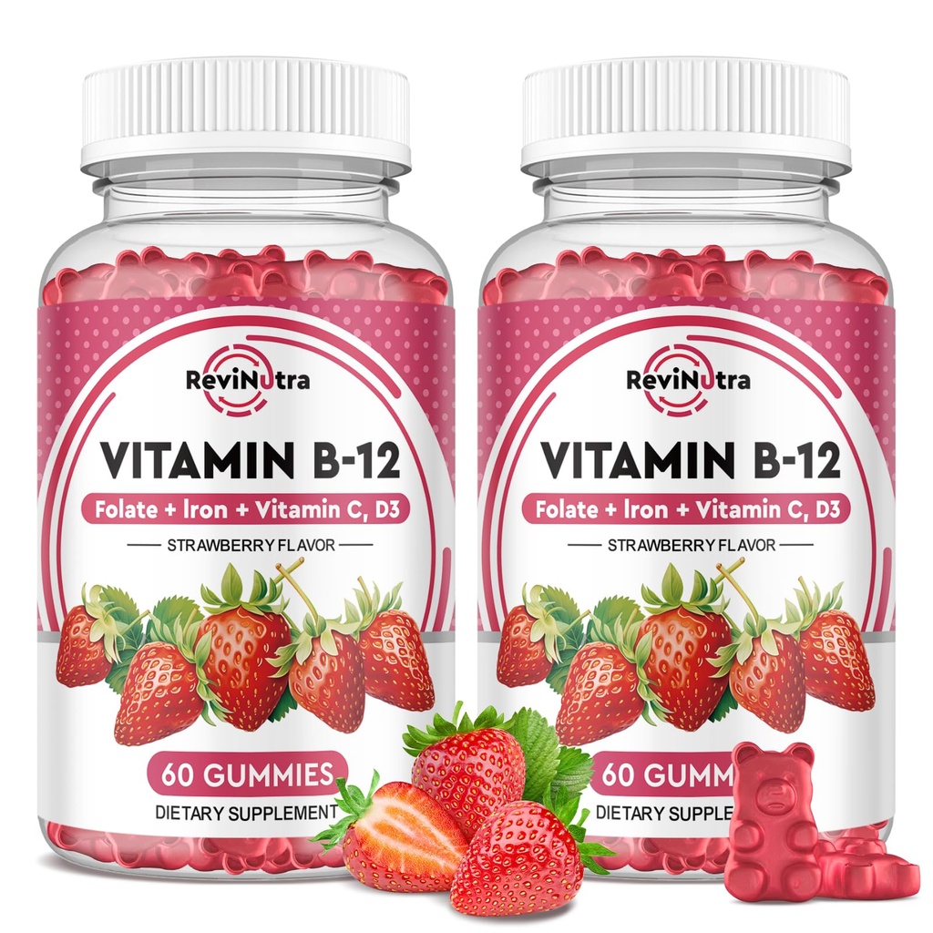 Vitamin B12 Complex Gummies - 5000 mcg Methylcobalamin med järn, vitamin C, D3 & folat, energistöd och metabolism, Immune, B-12 Chewable Supplement för män och kvinnor, jordgubbsmak, 2 Pack