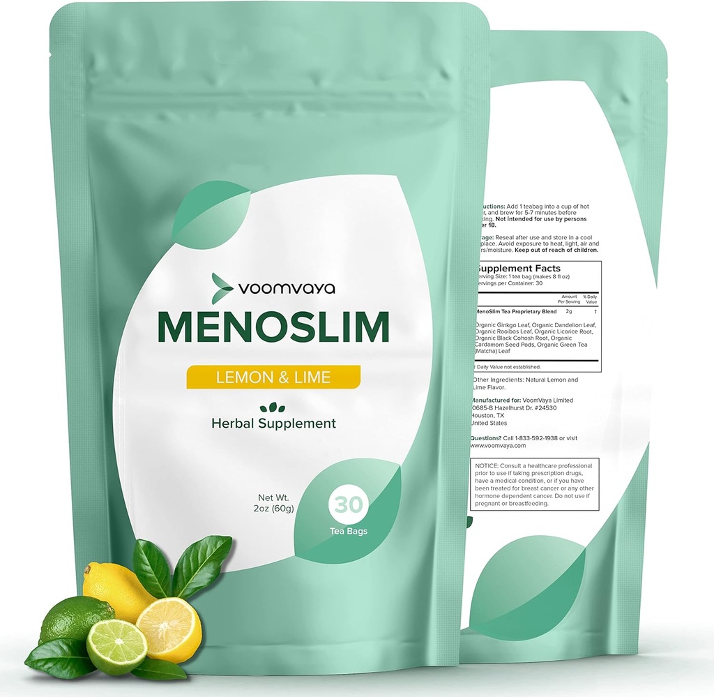 VoomVaya MenoSlim Tea - Hormone Balance Tea, Perimenopause & Estrogen Supplement for Women - for Bloating, Hot Flashes, Night Sweats & Meno-Belly - Lemon Lime Flavor - 30 Teabags