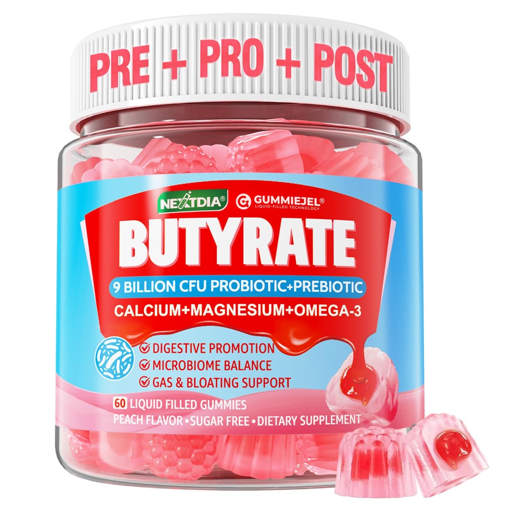 Butyrate Gummies med Probiotic + Prebiotic + Postbiotic, Omega-3 500mg, Fiber med 9 miljarder CFU Probiotika, Calcium & Magnesium, Inulin, Psyllium Husk för Digestive Health,Bloating Support, Sugar Free