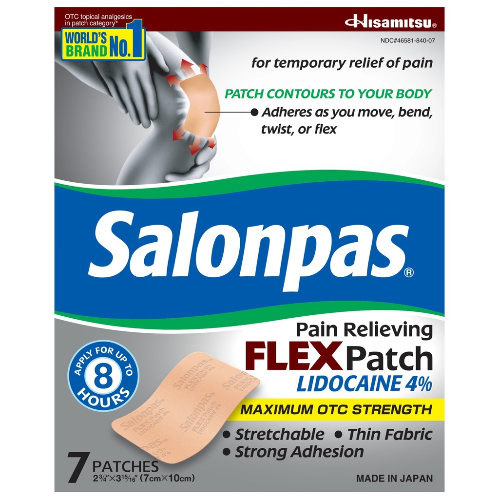 Salonpas Maximum OTC Styrka Lidocaine 4% Smärta Relieving FLEX Patch, Applicera för upp till 8 timmar, Unscented, tunn, flexibel, lätt, patch stannar på plats, 7 Patches